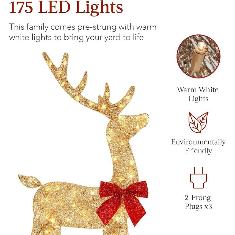 3-Piece 30Cm 2D Lighted Christmas Deer Family Set, Large Outdoor Yard Reindeer Holiday Decoration with 175 LED Lights 3